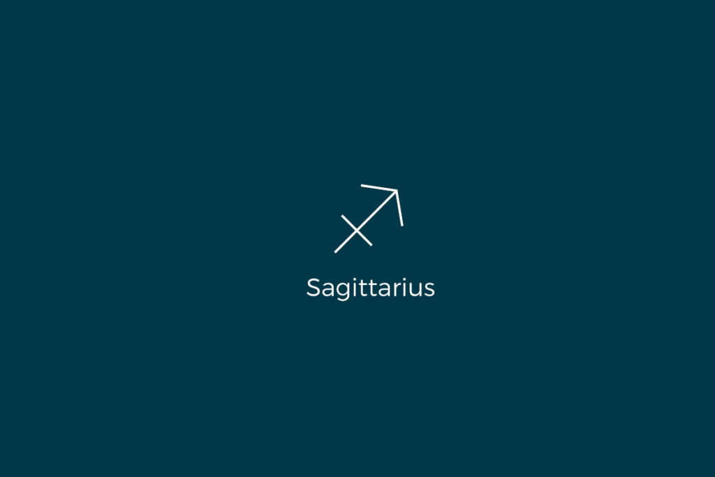 Ilustração do signo de sagitário, com o nome do signo abaixo, centralizado em um fundo verde-escuro