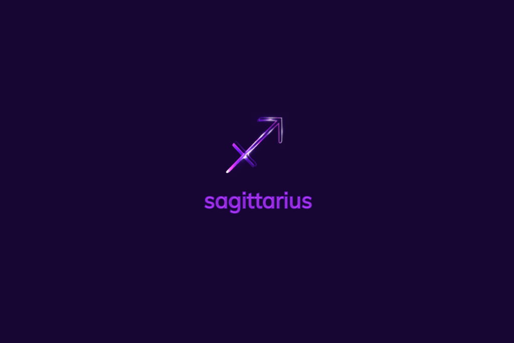 Ilustração do signo de sagitário em roxo-claro, com luzes brancas, nome do signo abaixo e composição centralizada sobre fundo roxo-escuro
