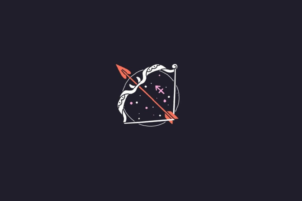 Ilustração do signo de sagitário centralizado em um fundo roxo-escuro