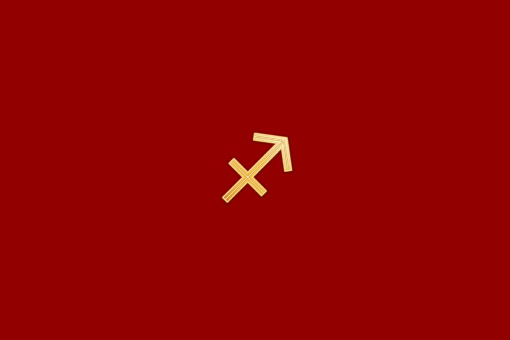 Ilustração do signo de sagitário em dourado, centralizado em fundo vermelho