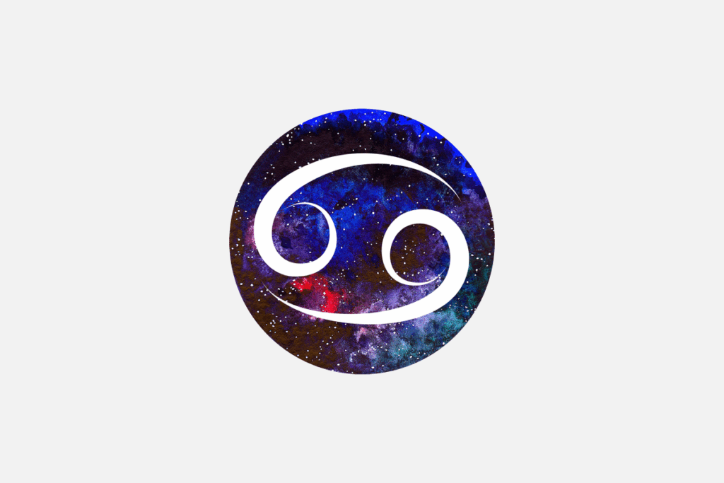 Ilustração do signo de Câncer, em fundo cinza-claro, contendo um disco com textura de galáxia estrelada com o símbolo do caranguejo, formado por duas espirais opostas em traço branco.