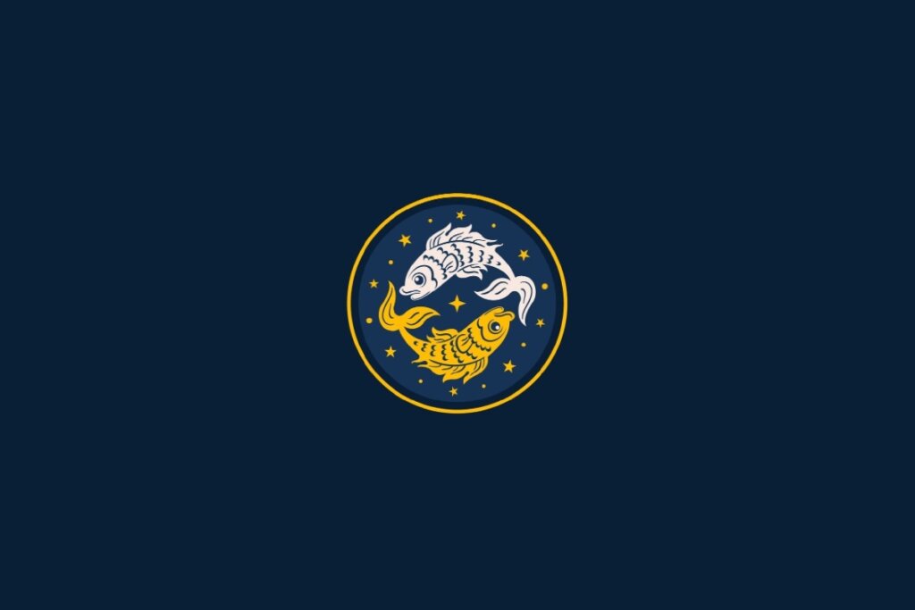 Ilustração do signo de Peixes em amarelo sobre um fundo azul