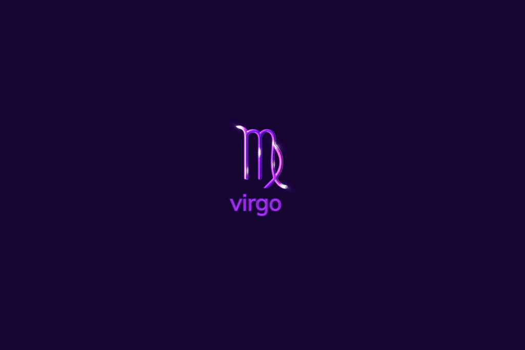 Ilustração do signo de Virgem em roxo-claro, com luzes brancas, nome do signo abaixo e composição centralizada sobre fundo roxo-escuro
