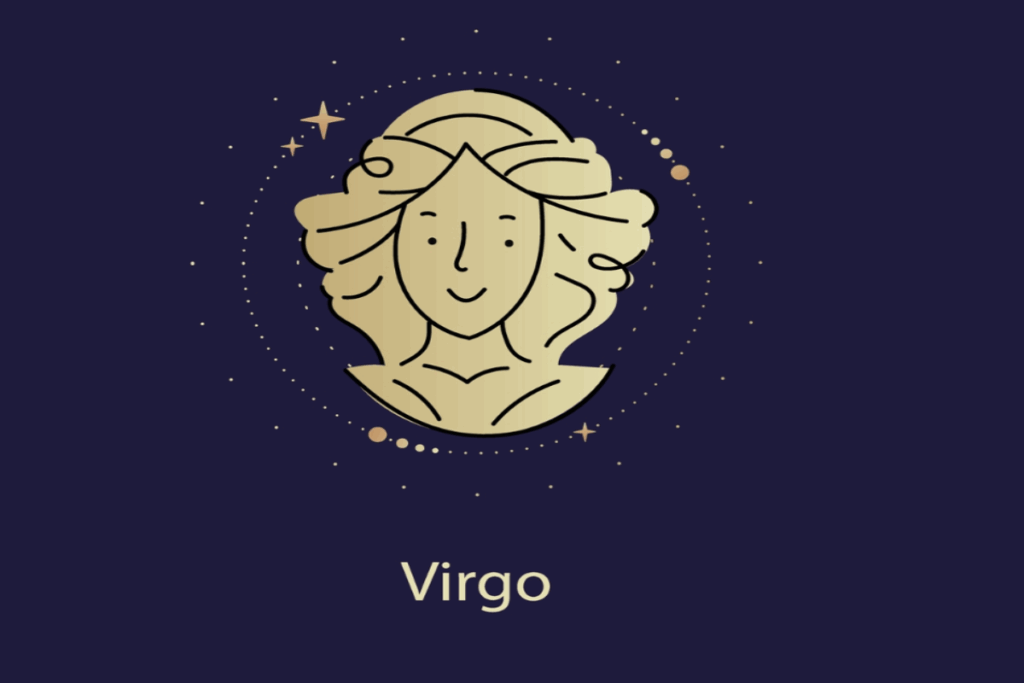 Ilustração amarela do símbolo e do nome do signo de virgem sobre fundo azul-escuro