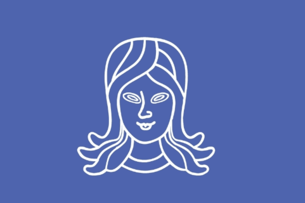 A imagem apresenta uma figura feminina estilizada para representar o signo de Virgem. Sobre o fundo azul uniforme, o desenho branco mostra o rosto de uma mulher visto de frente.