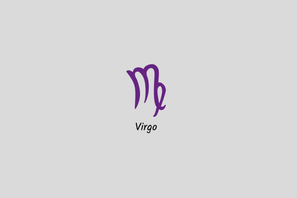 Ilustração do signo de Virgem em roxo, com o nome abaixo, centralizada sobre um fundo cinza-claro