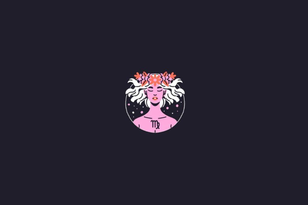 Ilustração do signo de virgem centralizado em um fundo roxo-escuro