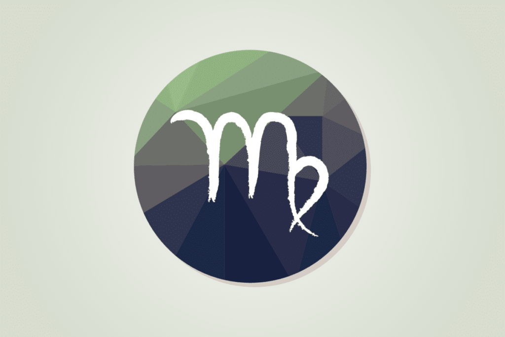 Símbolo de Virgem, uma letra "m" cuja última perna faz uma laçada que cruza para dentro, formando uma pequena volta. O traço é branco, estilo pincel, dentro de um círculo com padrão geométrico em verde e azul-marinho, sobre fundo claro.