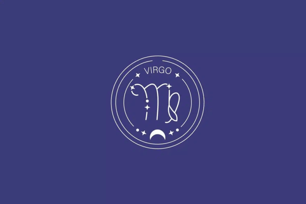 Ilustração do signo de Virgem, com símbolo representado por uma letra “m” estilizada com uma linha curva final, em fundo azul-escuro