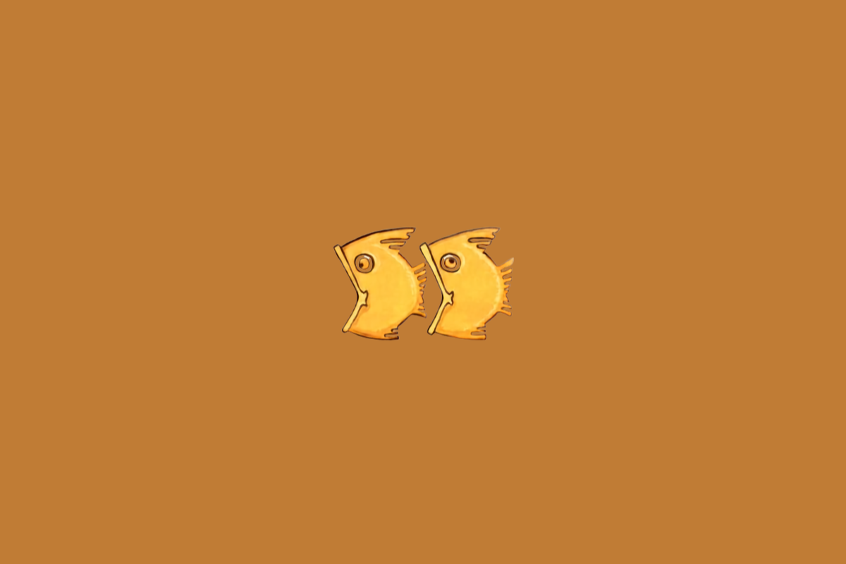 Símbolo do signo de Peixes representado por dois peixes dourados lado a lado, voltados para direções opostas, sobre um fundo marrom-alaranjado.