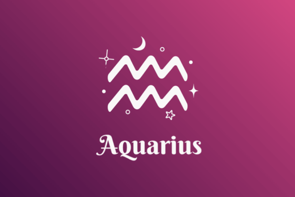 Imagem com fundo em gradiente de roxo para rosa, apresentando o símbolo branco do signo de Aquário (duas linhas onduladas paralelas) cercado por estrelas, luas e pequenos elementos místico-astrológicos. Abaixo do símbolo, está escrita a palavra "Aquarius".