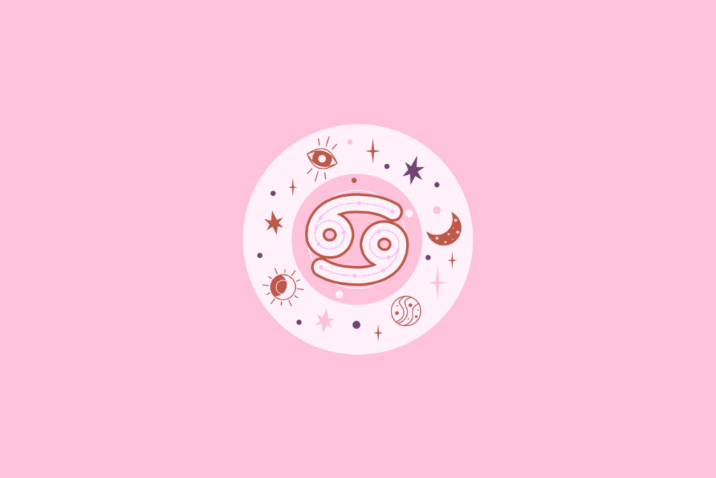 Ilustração estilizada em tons de rosa do símbolo do signo de Câncer, cercado por elementos místicos como lua, sol e estrelas.