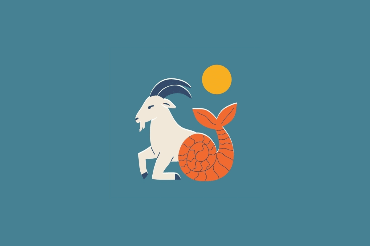 Ilustração estilizada do signo de Capricórnio, representado por uma criatura com a metade anterior de bode branco com chifres azuis e a metade posterior com cauda de peixe laranja espiralada, sob um sol amarelo em fundo azul-petróleo.