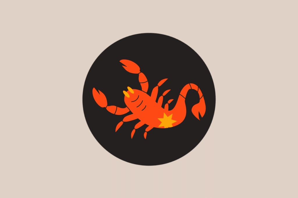 Ilustração do signo de Escorpião representando um escorpião vermelho com uma estrela amarela gravada em seu corpo.
