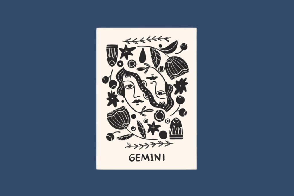Uma carta vertical em tons de creme sobre um fundo azul-petróleo. A ilustração em preto, estilo carimbo recortado, mostra dois rostos de perfil voltados para fora, que formam uma silhueta central. O desenho é preenchido com ramos botânicos frondosos, bagas redondas, estrelas pontiagudas, formas de diamantes e flores em forma de leque. Abaixo da ilustração, a palavra "GEMINI" em letras maiúsculas sans-serif em preto.