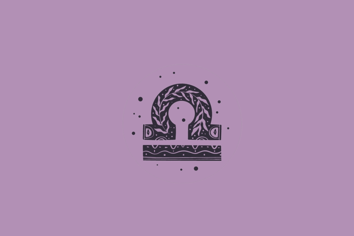 Símbolo do signo de Libra desenhado com detalhes botânicos e pequenos pontos escuros ao redor, centralizado em um círculo sobre fundo lilás.
