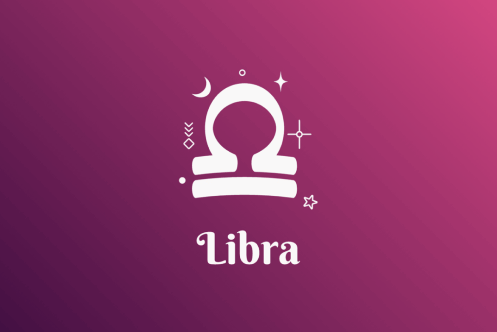 Imagem com fundo em gradiente de roxo para rosa, apresentando o símbolo branco do signo de Libra (uma balança estilizada) cercado por estrelas, luas e pequenos elementos místico-astrológicos. Abaixo do símbolo, está escrita a palavra "Libra".
