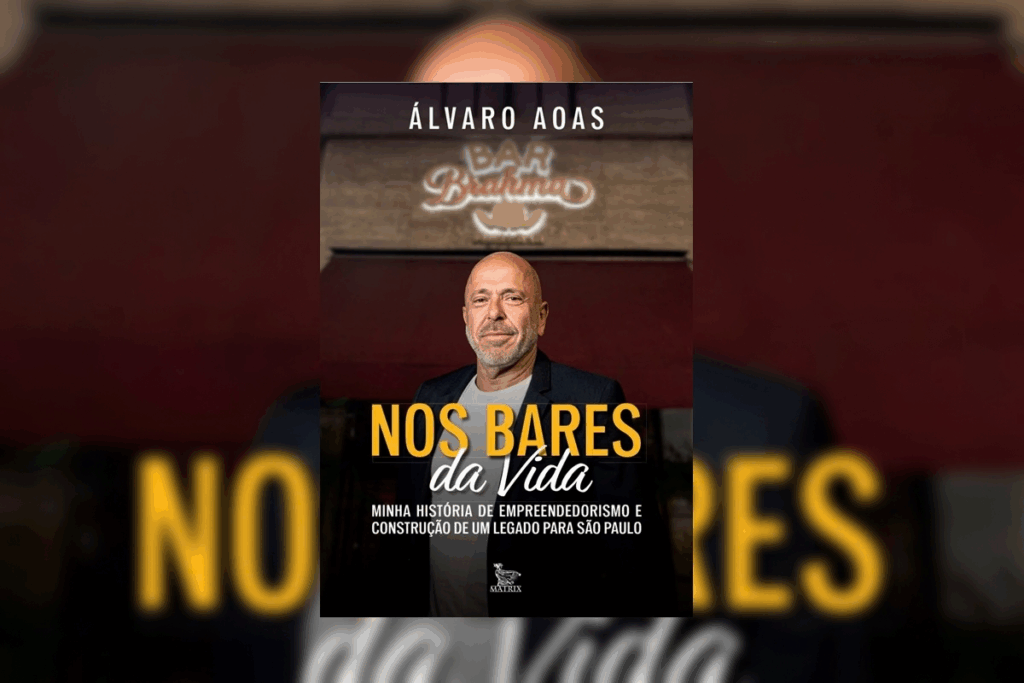 Capa do livro de memórias "NOS BARES da Vida" de Álvaro Aoas, com foto do autor em destaque à frente da fachada do Bar Brahma em São Paulo.