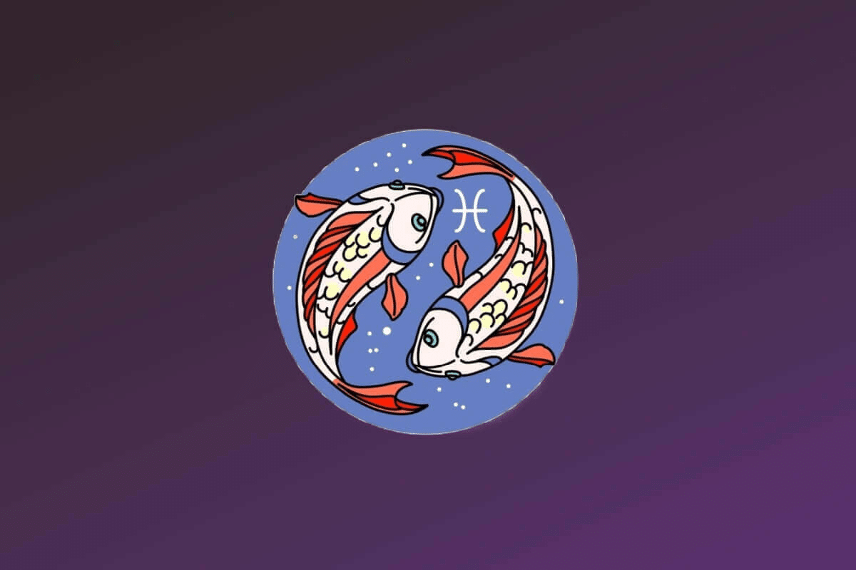 Ilustração do signo de Peixes. Dois peixes estilizados nadam em sentido oposto, formando um movimento circular. Eles possuem corpos brancos com escamas desenhadas em preto e nadadeiras em tons de laranja e vermelho. Entre os dois peixes, no centro superior, está o símbolo de Peixes em branco. 