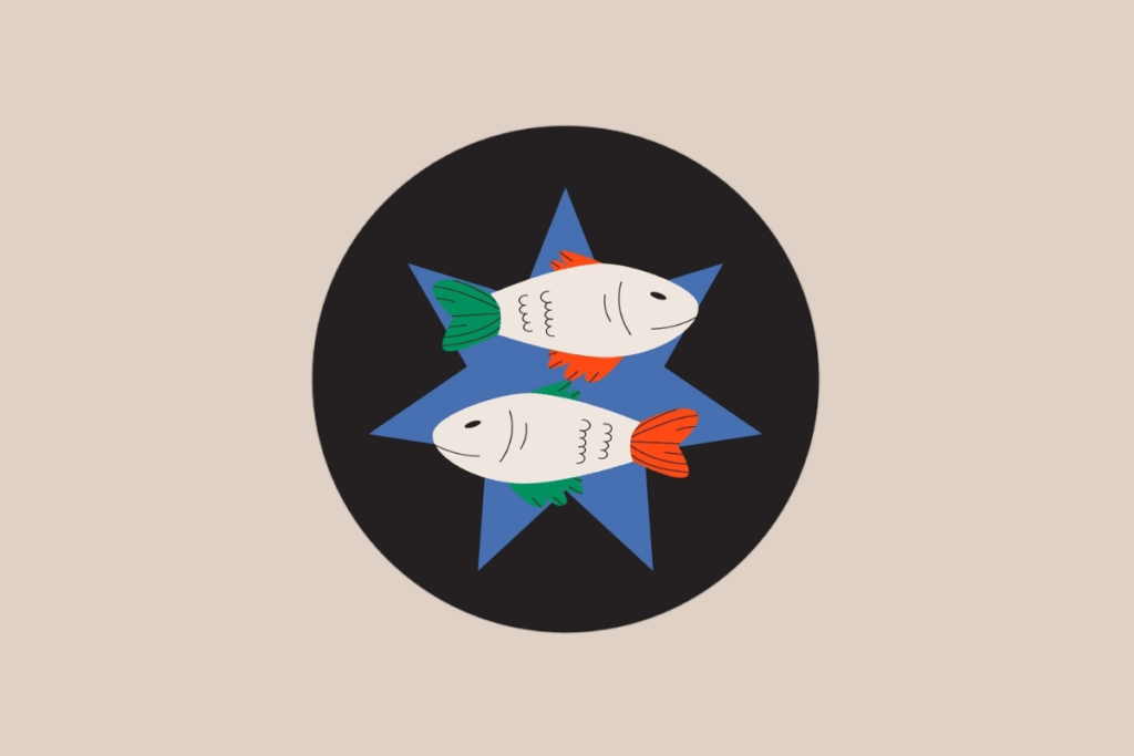 Ilustração do signo de Peixes representando dois peixes brancos nadando em direções opostas sobre uma estrela azul de oito pontas.