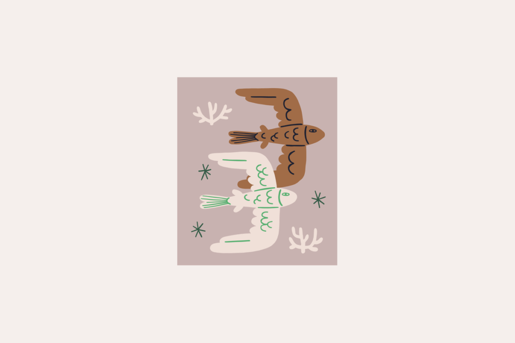 Ilustração do signo de Peixes, contendo dois peixes com asas de pássaro voando em direções paralelas, um marrom com detalhes em azul-marinho e outro creme com detalhes em verde, ambos com escamas desenhadas; ao redor, ramos de coral creme e estrelas verde-escuras, em fundo rosa.
