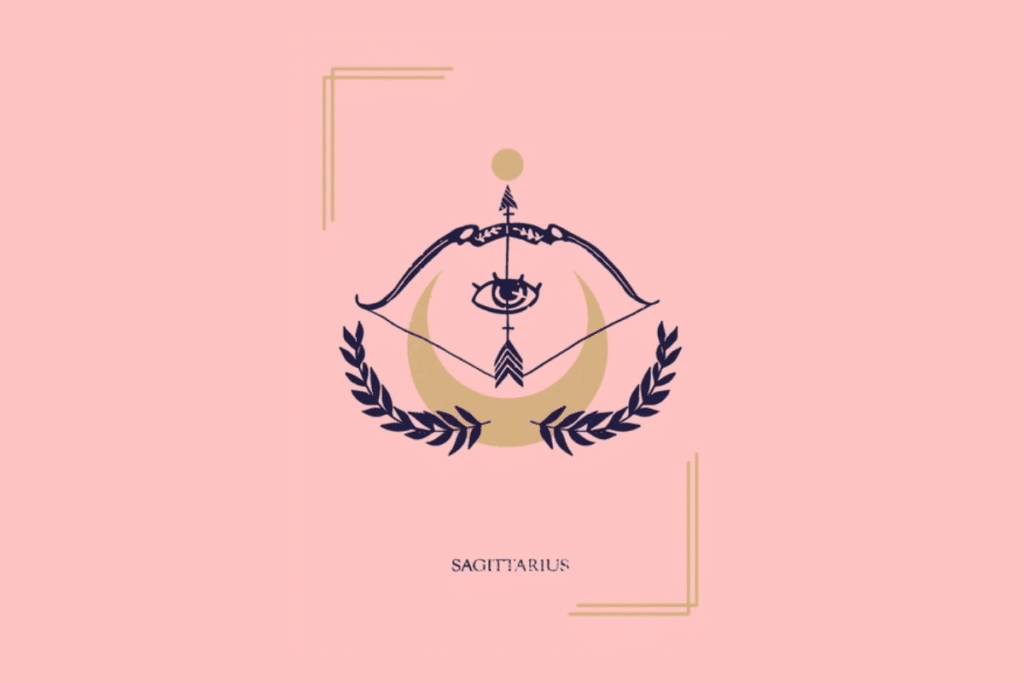 Ilustração mística sobre fundo rosa com a palavra "SAGITTARIUS" na parte inferior. Ao centro, um arco tensionado com uma flecha contendo um olho gravado no meio, emoldurado por uma lua crescente, ramos de folhas e um círculo dourado.