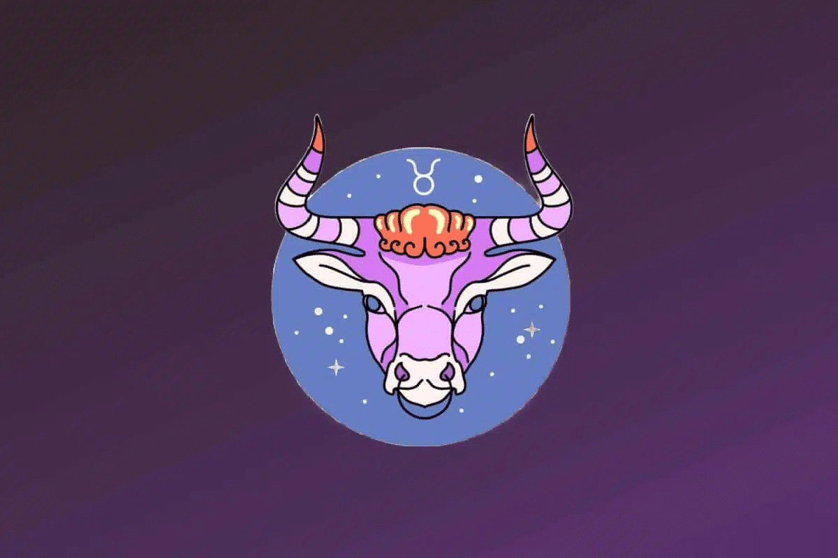 Ilustração do signo de Touro. Apresenta a cabeça de um touro branco com detalhes em azul e olhos pretos. Ele possui chifres curtos e pontiagudos voltados para cima, decorados com listras vermelhas e amarelas. O símbolo de Touro está posicionado em branco acima da cabeça, entre os chifres. 