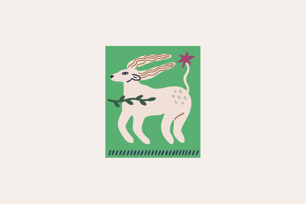 Ilustração do signo de Touro, contendo um animal creme de perfil, com chifres longos voltados para trás decorados com linhas onduladas marrons, manchas bege no dorso e um ramo verde de folhas ao redor do pescoço; a cauda erguida termina em uma estrela vinho, e há uma faixa de traços azul-marinho na base, em fundo verde.