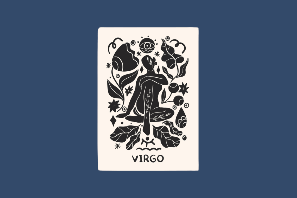 Uma carta vertical em tons de creme sobre um fundo azul-petróleo. A ilustração em preto, estilo carimbo recortado, mostra uma figura feminina sentada em posição de lótus ao centro. O desenho é simétrico e preenchido com grandes folhas botânicas, flores em forma de leque, um olho místico no topo, bagas e estrelas pontiagudas. Abaixo da ilustração, a palavra "VIRGO" em letras maiúsculas sans-serif em preto.