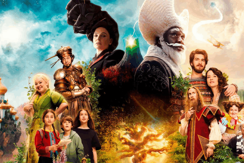 Pôster de "A Maravilhosa Árvore Encantada" com três crianças em primeiro plano e, ao fundo, Andrew Garfield, Claire Foy, um cavaleiro de armadura dourada, uma bruxa de chapéu preto e Nonso Anozie como um mago de barba branca, sobre nuvens douradas.