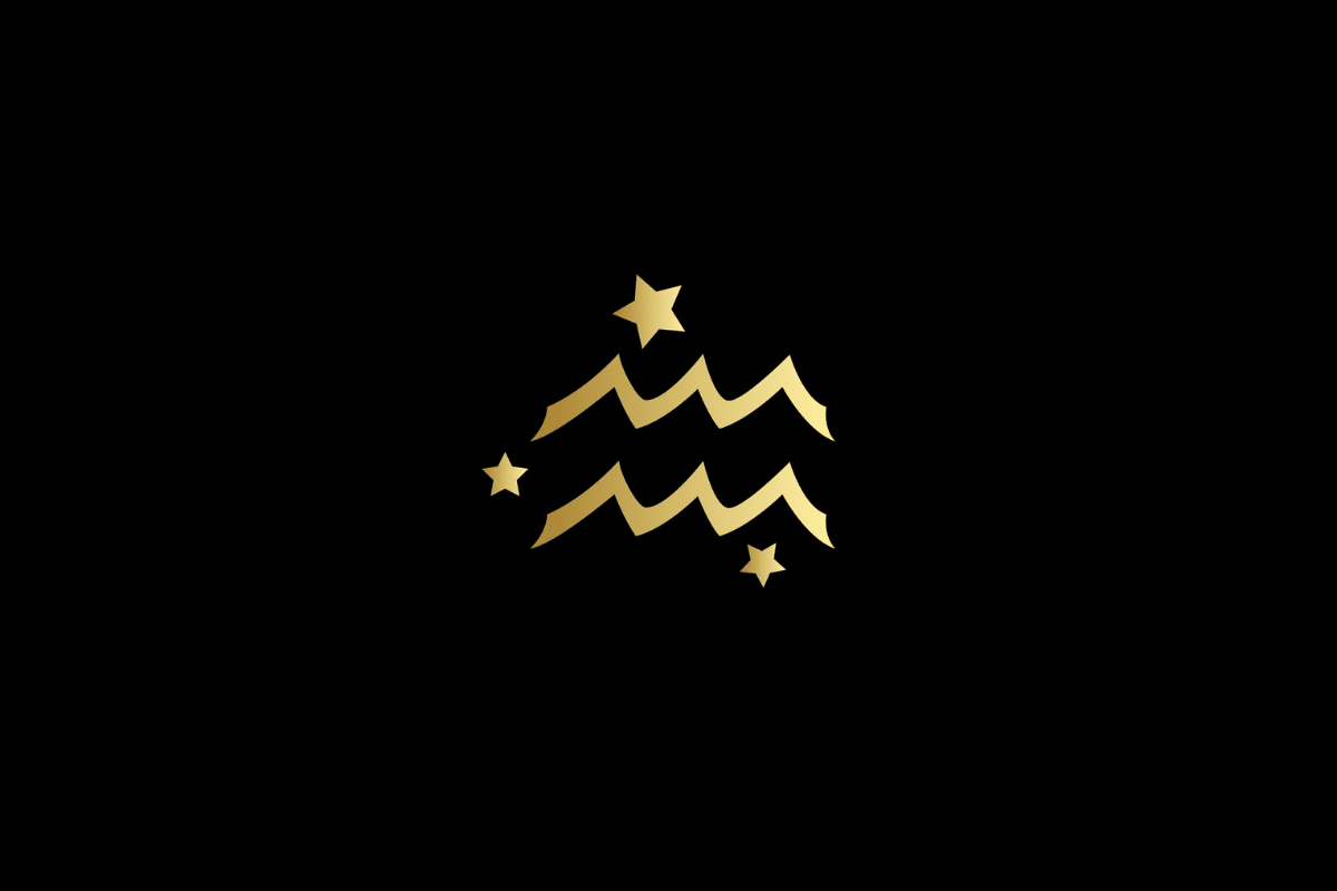Ilustração minimalista do signo de aquário em dourado, centralizado sobre um fundo preto. O símbolo é acompanhado por três estrelas douradas de diferentes tamanhos