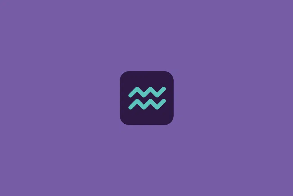 Símbolo de Aquário formado por duas linhas onduladas em azul-turquesa, dentro de um quadrado de cantos arredondados em roxo-escuro. Em fundo roxo.