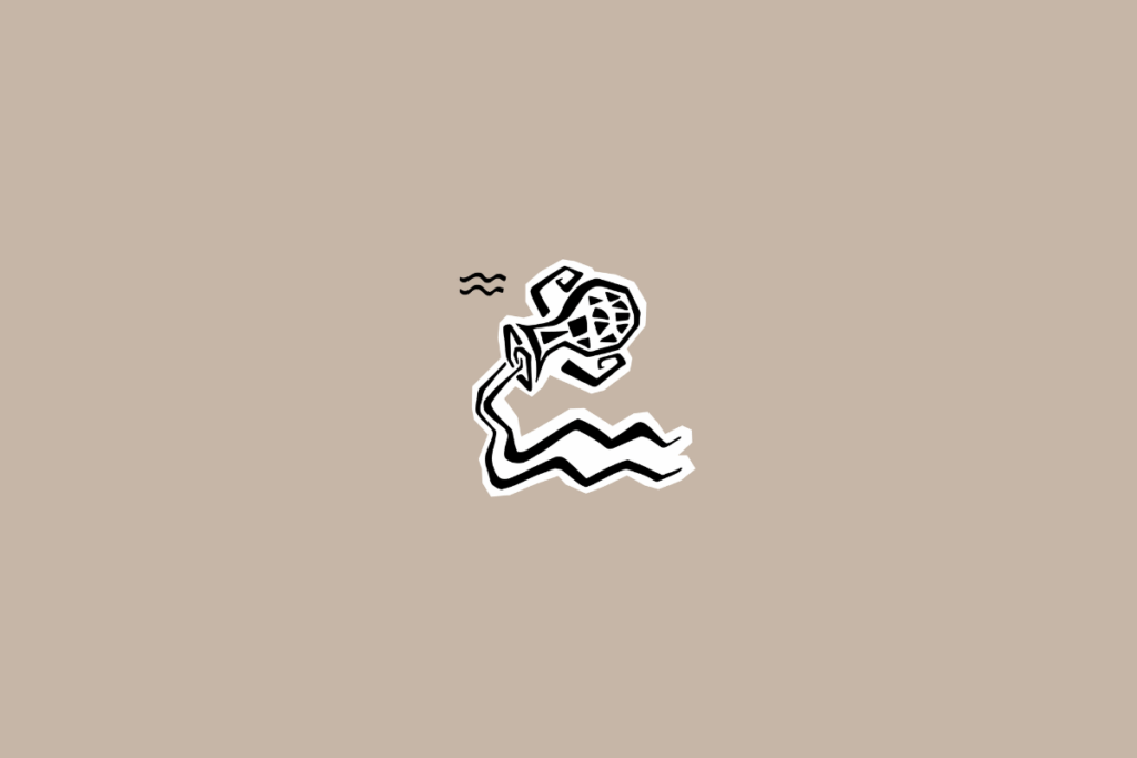 Ilustração gráfica de uma jarra em preto e branco, representando o signo de Aquário, em fundo bege 