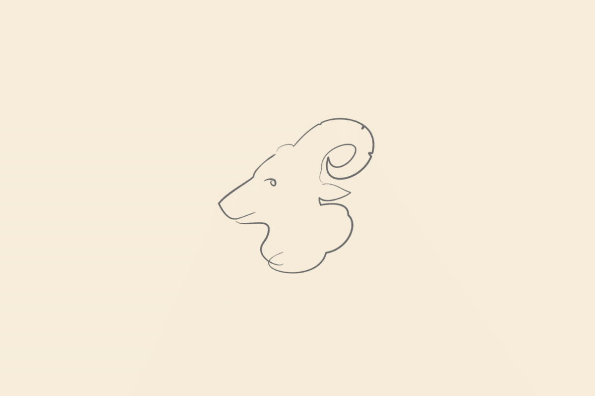 Ilustração minimalista de uma cabeça de carneiro com chifres curvados, em cinza, representando o signo de Áries sobre fundo bege.