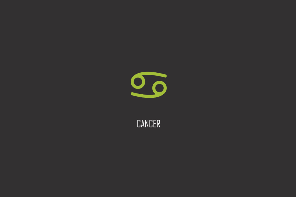 Símbolo verde de Câncer com o nome CANCER escrito abaixo, sobre fundo cinza escuro