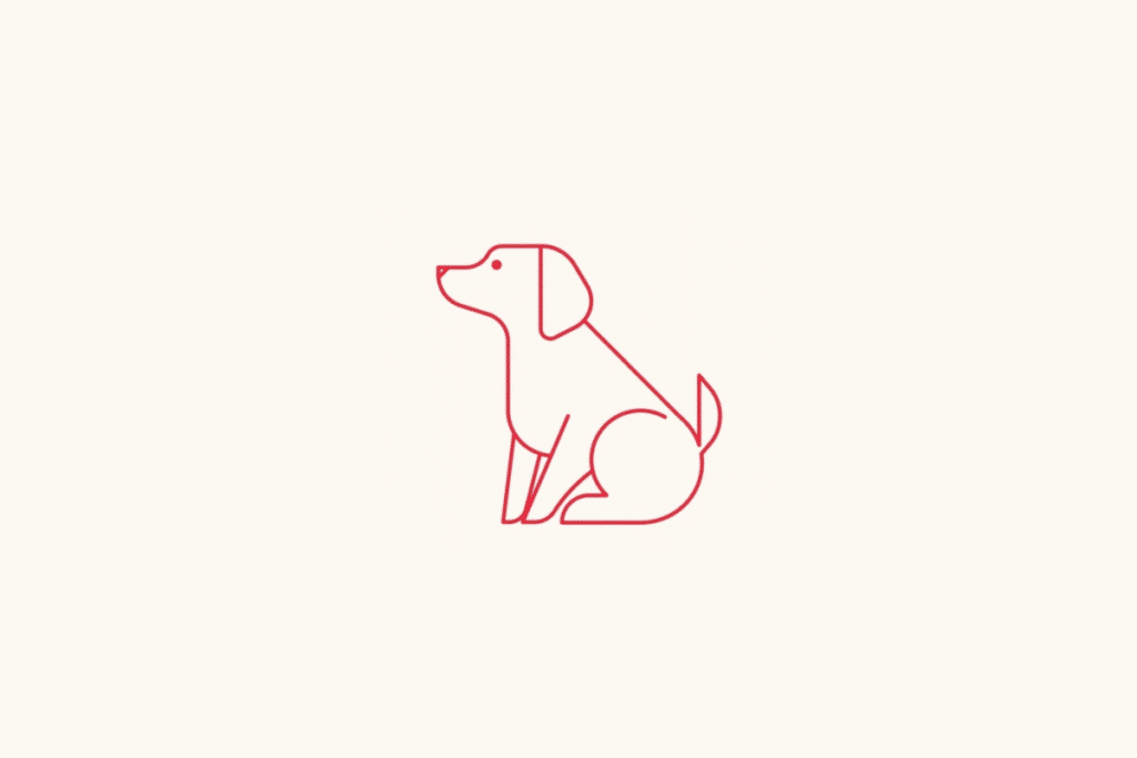 Um cão desenhado em perfil virado para a esquerda, sentado de forma ereta sobre as patas traseiras, com orelha caídas, focinho levantado e rabo curto apontando para cima sobre fundo bege-claro