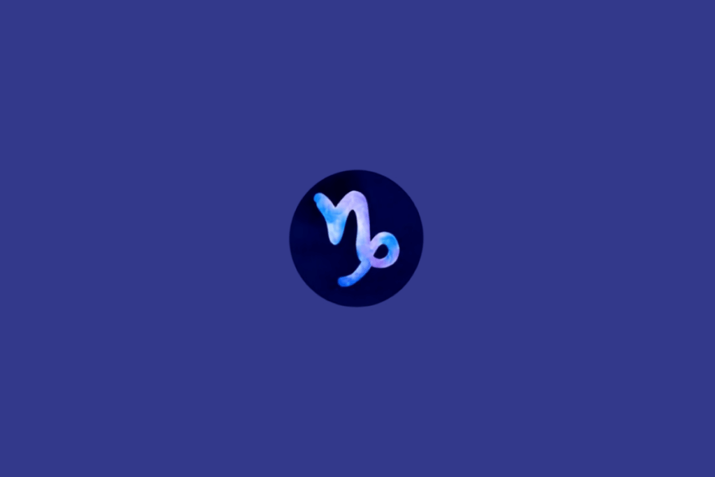 Símbolo do signo de Capricórnio em tons de roxo e azul em círculo azul escuro, em fundo azul.
