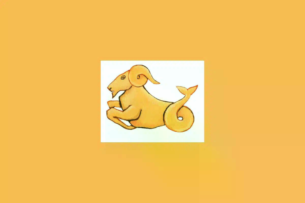 Uma ilustração simples de uma cabra estilizada, representando o signo de Capricórnio, sobre um fundo claro cercado por um tom alaranjado