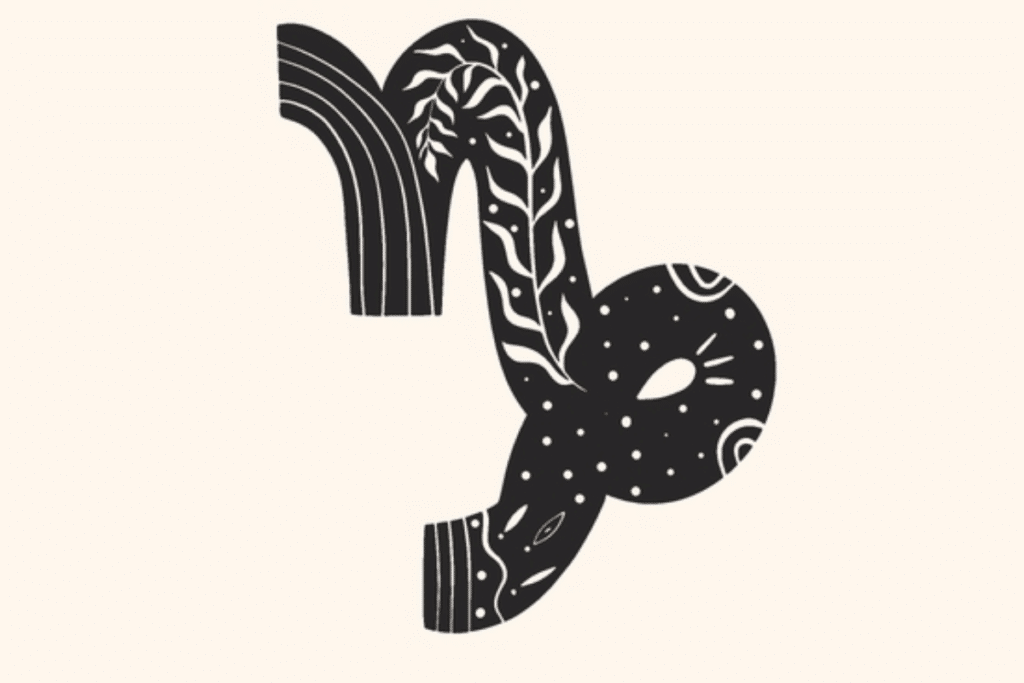 A imagem apresenta o símbolo do signo de capricórnio em preto, centralizado sobre um fundo claro. O ícone é decorado com folhagens, pequenos pontos, formas solares e detalhes celestes, criando uma estética mística e delicada.