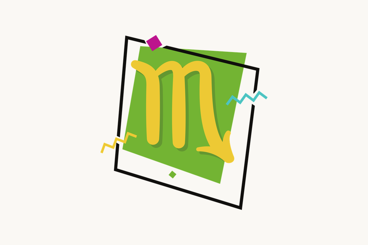 Ilustração do signo de Escorpião, contendo o símbolo de um M estilizado com uma seta na ponta final, em dourado, centralizado sobre um quadrado verde emoldurado em preto, com pequenos losangos e zigue-zagues coloridos ao redor, em fundo claro.