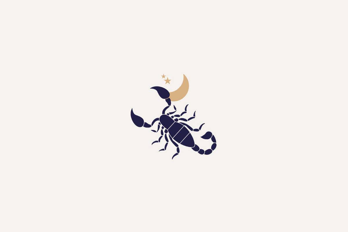 Ilustração do signo de escorpião em azul-escuro com meia-lua bege ao lado e centralizada em fundo bege-claro