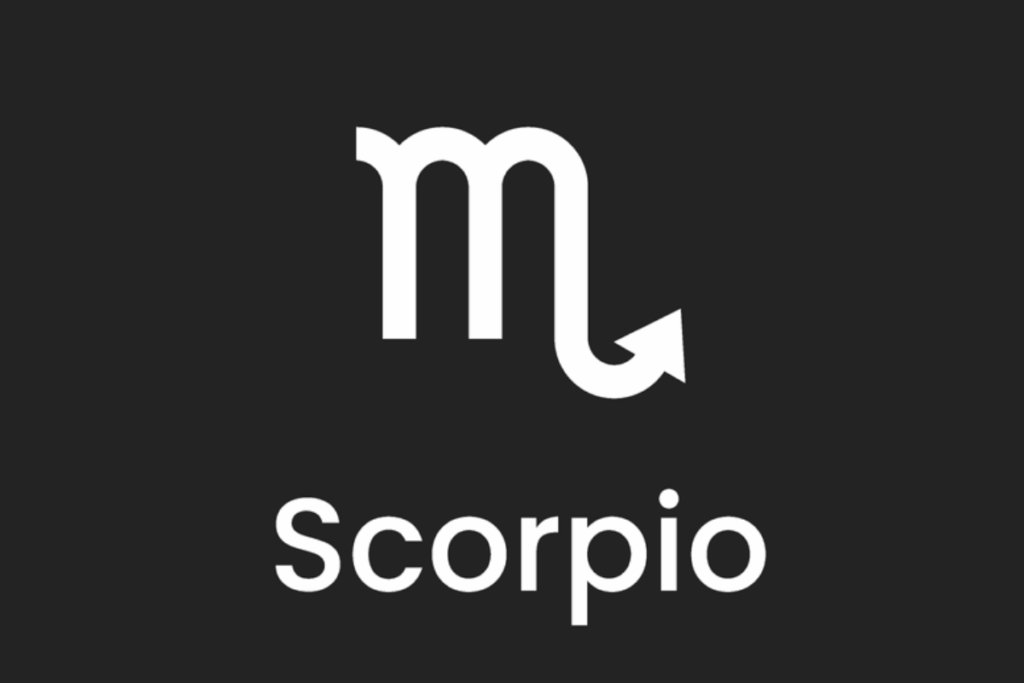 A imagem apresenta o símbolo astrológico e o nome do signo de escorpião em branco, centralizado sobre um fundo liso em tom cinza-escuro, quase preto