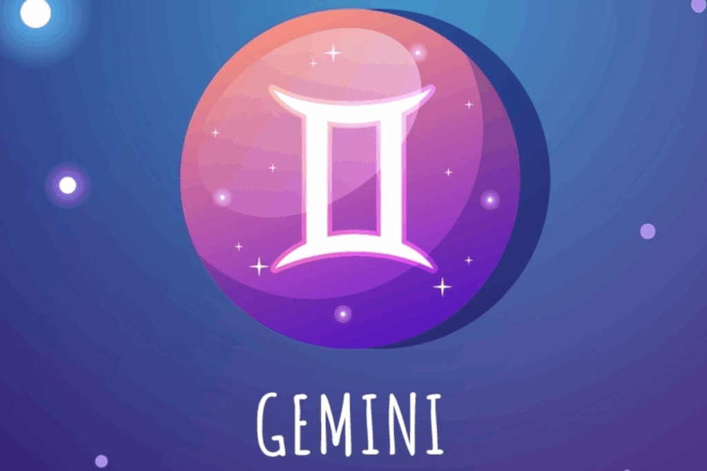 Ilustração do símbolo de Gêmeos em branco, sobre um círculo em tons de rosa e roxo, decorado com pequenas estrelas. A palavra “Gemini” aparece abaixo.