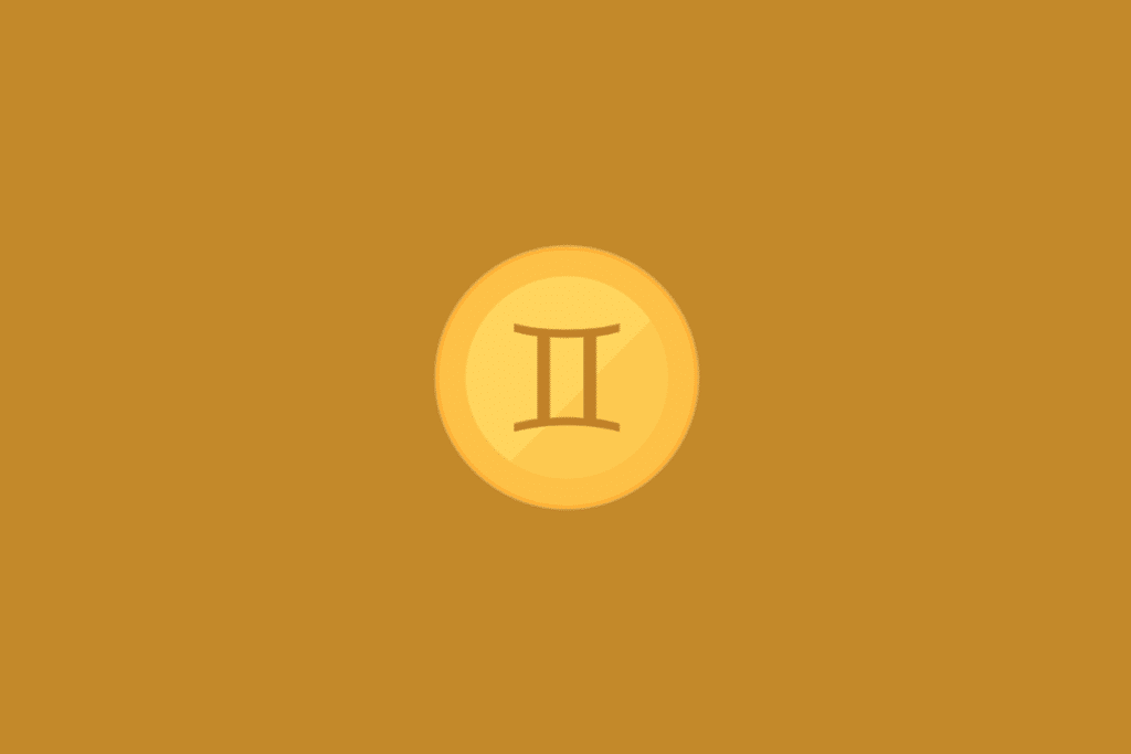 Ilustração minimalista do signo de Gêmeos, com o símbolo astrológico em tom marrom-dourado no centro de um círculo amarelo, sobre fundo uniforme em tom mostarda.