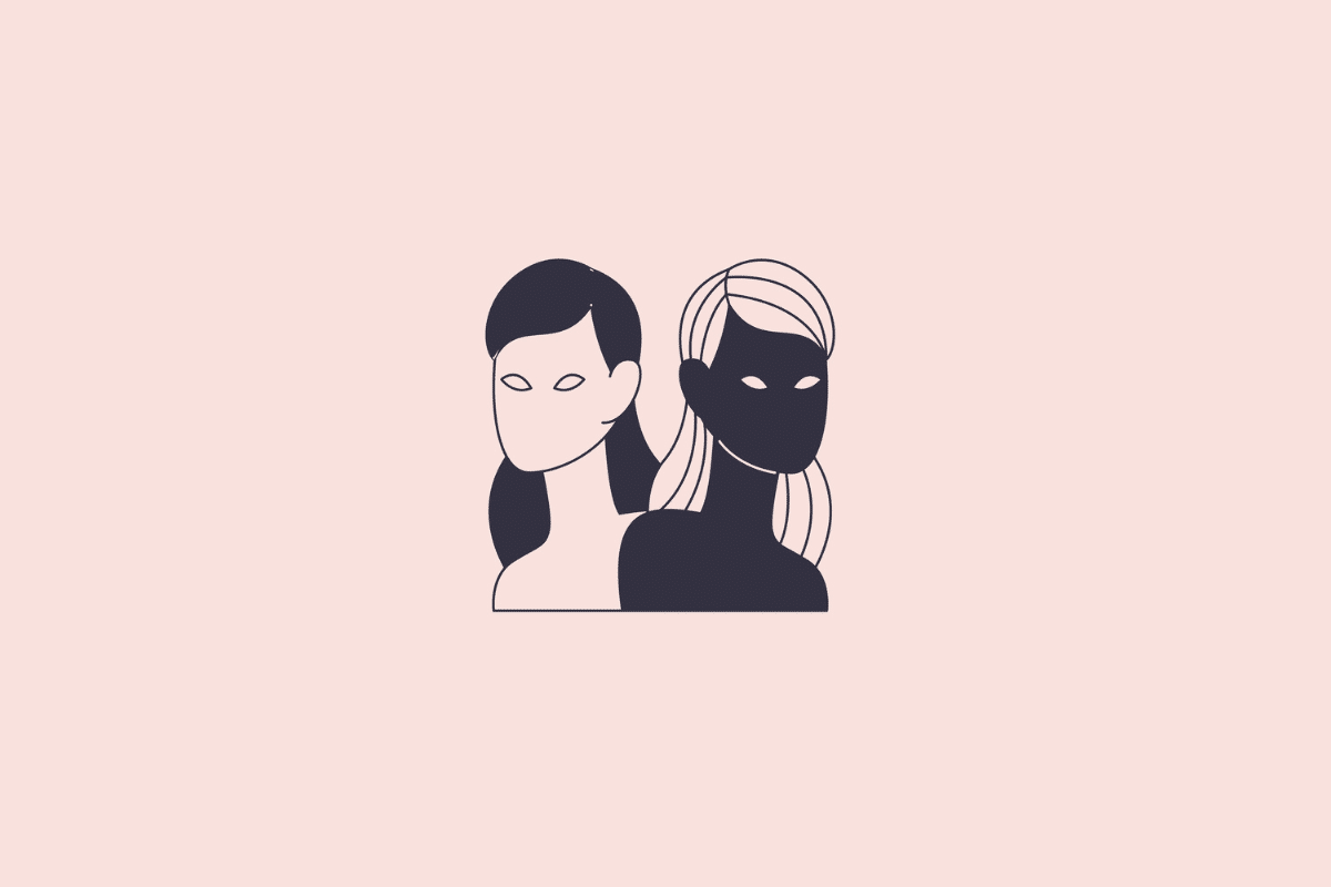 Ilustração estilizada e minimalista de duas figuras humanas, simbolizando o signo de gêmeos, em tom azul-escuro sobre um fundo rosa-claro