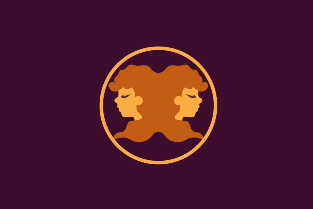 Ícone ilustrado em tons de amarelo e castanho sobre fundo roxo escuro, dentro de uma moldura circular, representando o signo de Gémeos através do perfil de duas cabeças unidas de costas uma para a outra