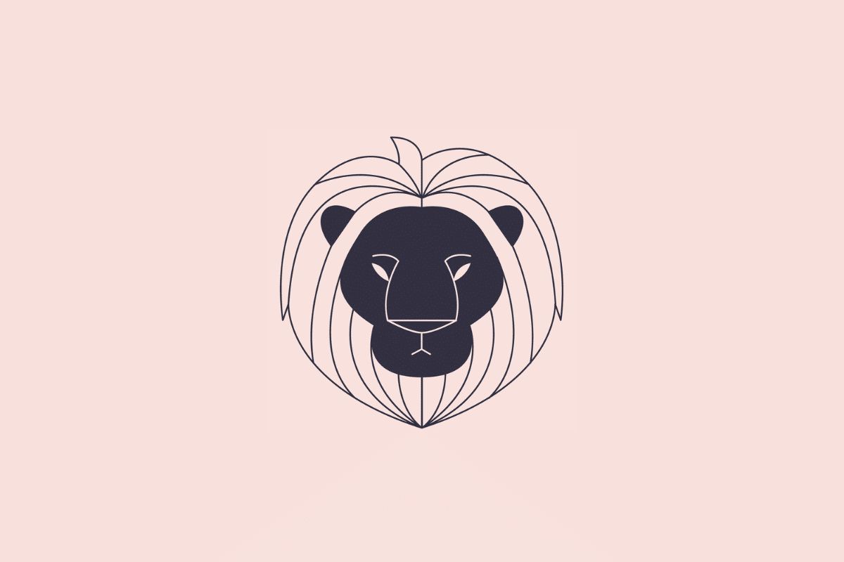 Ilustração estilizada e minimalista da cabeça de um leão, simbolizando o signo de leão, em tom azul-escuro sobre um fundo rosa-claro