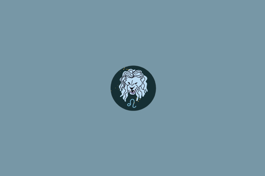 Ilustração circular de um rosto de leão estilizado, com juba em tons de azul-claro. O símbolo de Leão aparece abaixo, cercado por pequenas estrelas.