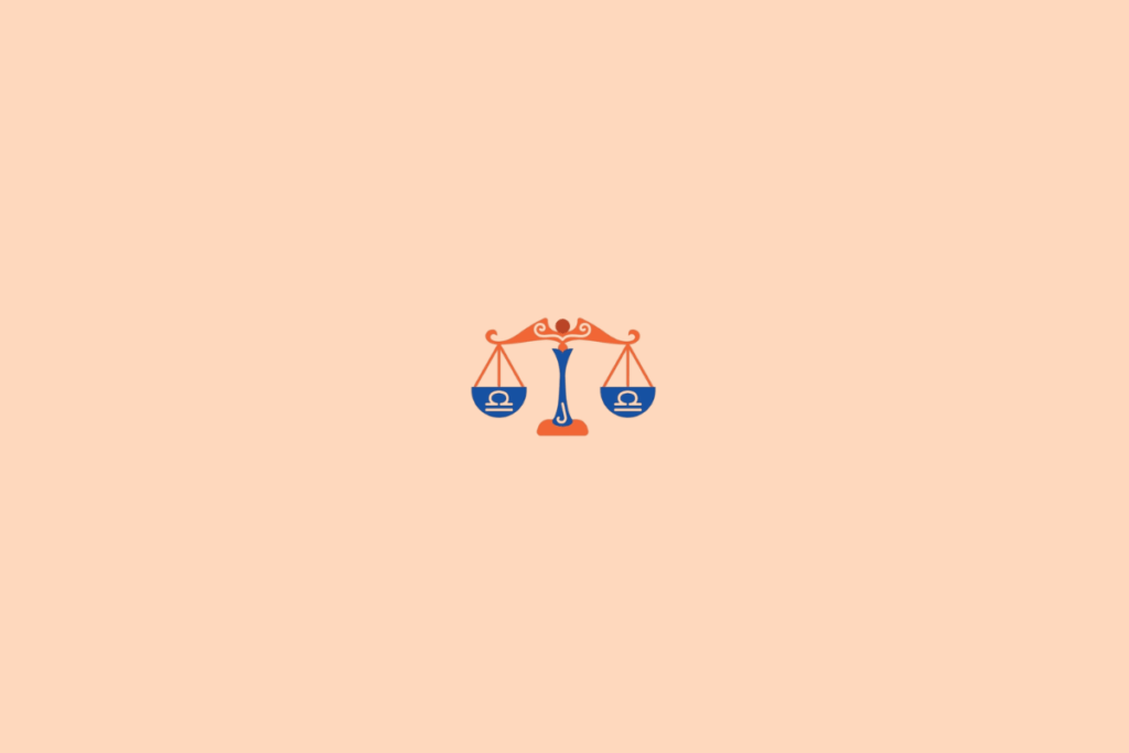 Ilustração de uma balança estilizada, representando o signo de Libra, em tons de azul e laranja sobre fundo pêssego.