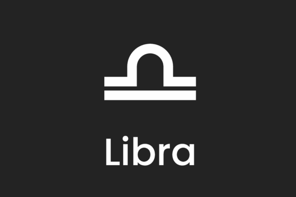A imagem apresenta o símbolo astrológico e o nome do signo de libra em branco, centralizado sobre um fundo liso em tom cinza-escuro, quase preto